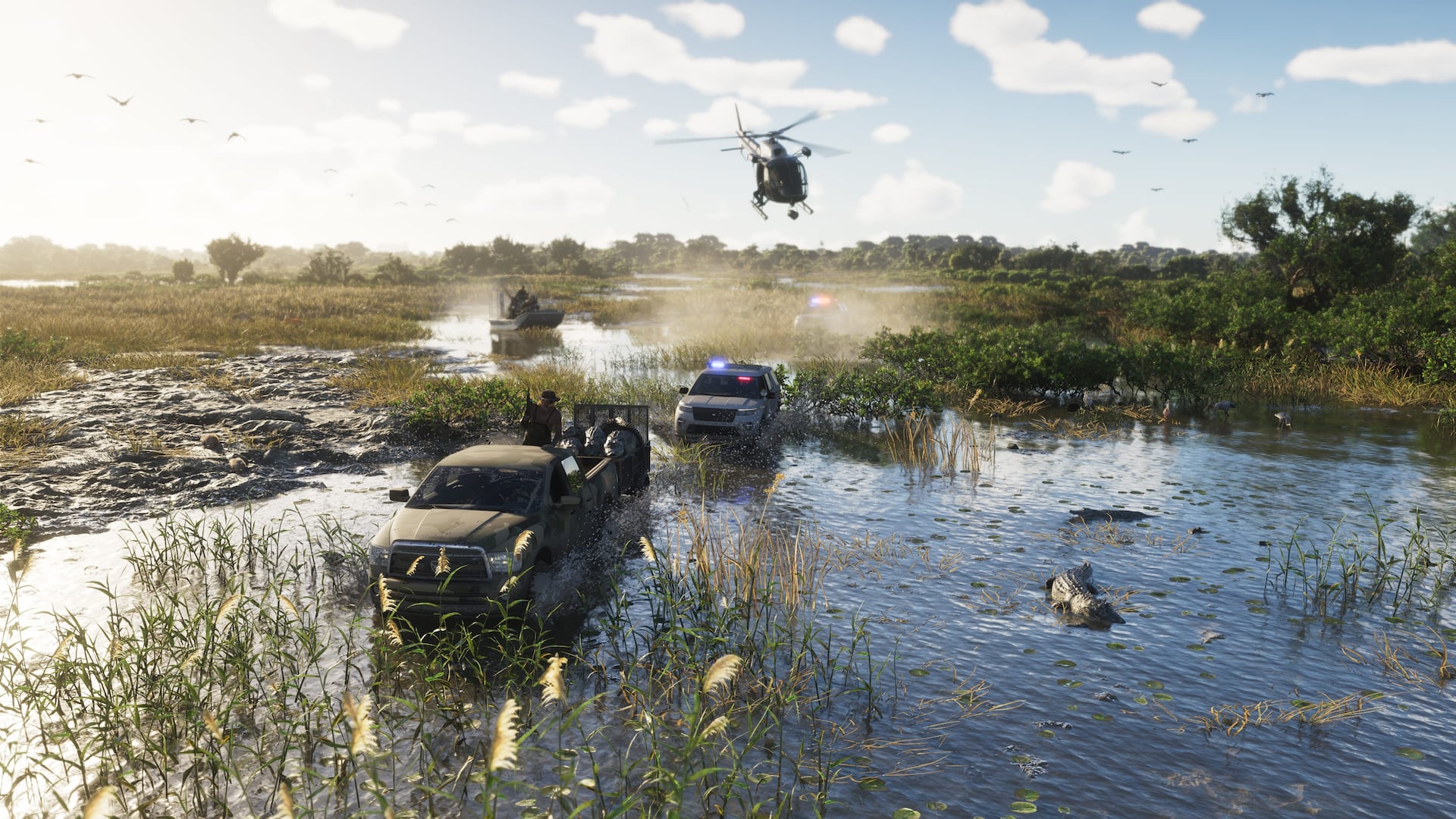 An alligator in the foreground of an official GTA VI Grassrivers screenshot showing vehicles and a helicopter crossing a wetland