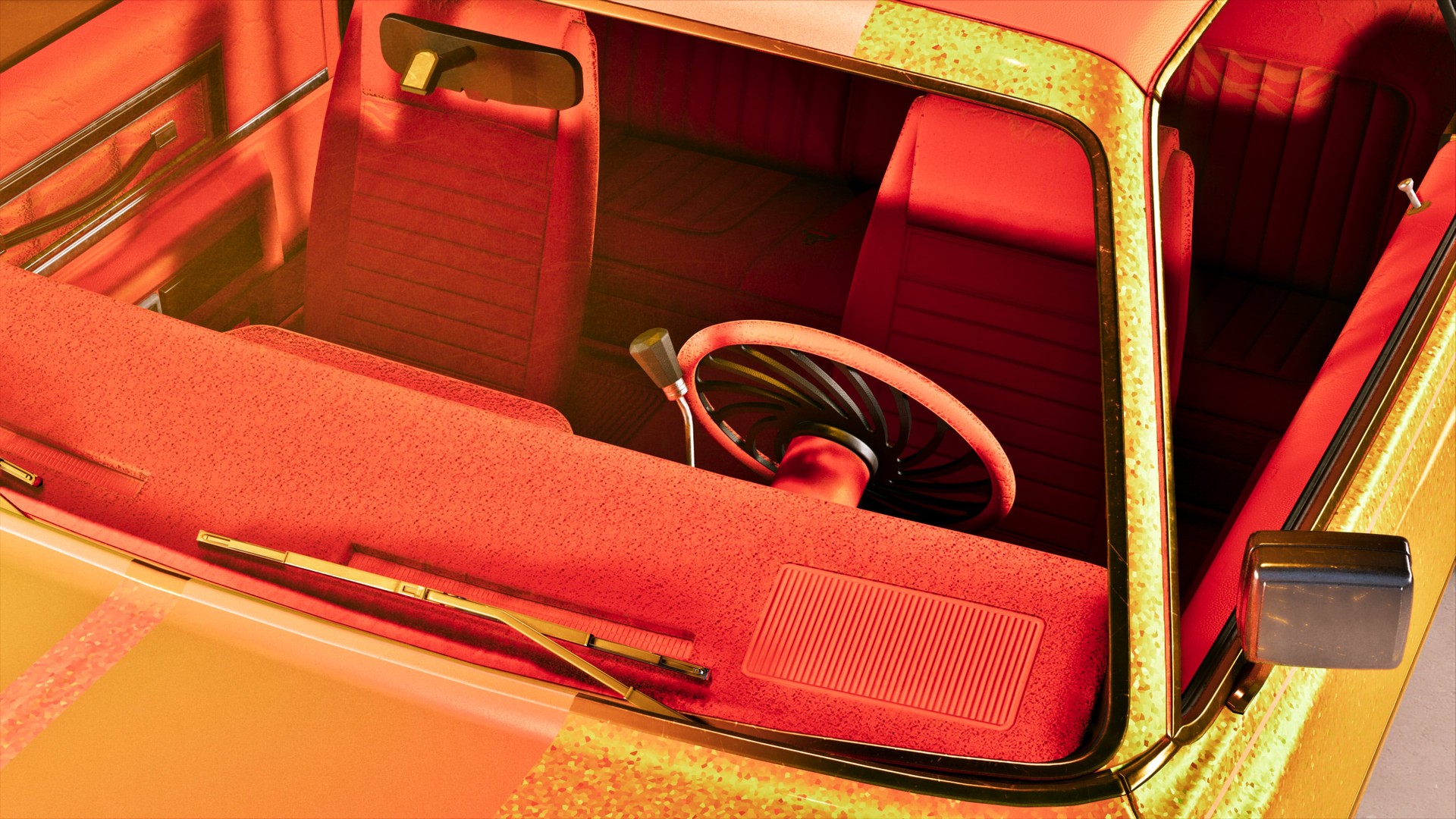 Official GTA VI image showing the red seats, dashboard and patterned gold bodywork of a custom car
