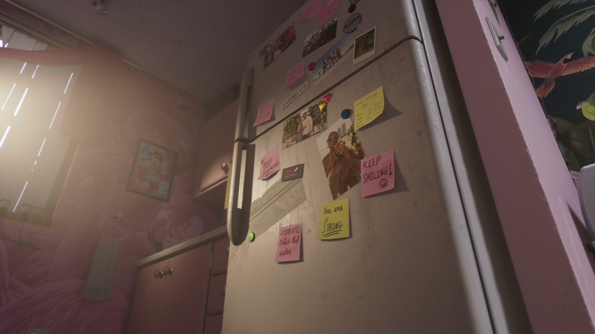 A refrigerator covered with photographs and notes in GTA VI's official Extended Look at 06:23