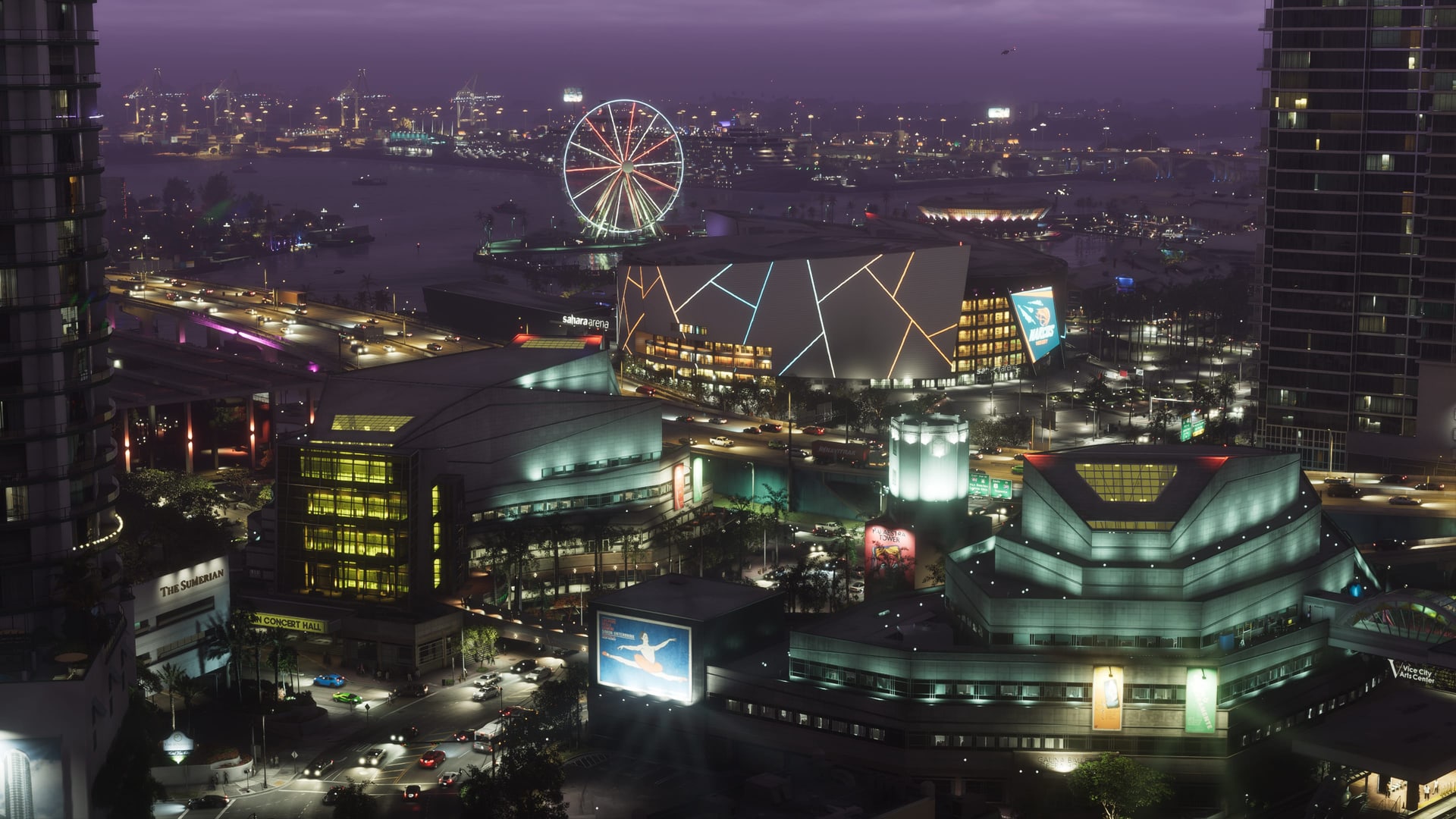 Vice City’s waterfront at night, with lit towers, an arena and a Ferris wheel across the water, in an official Grand Theft Auto VI screenshot