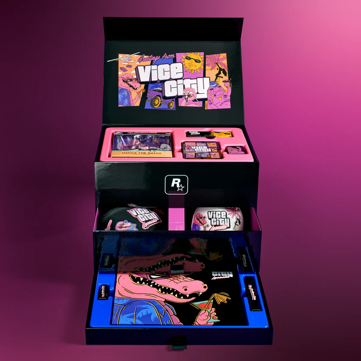 The official Vice City Collection opened to show its pink and blue compartments and merchandise