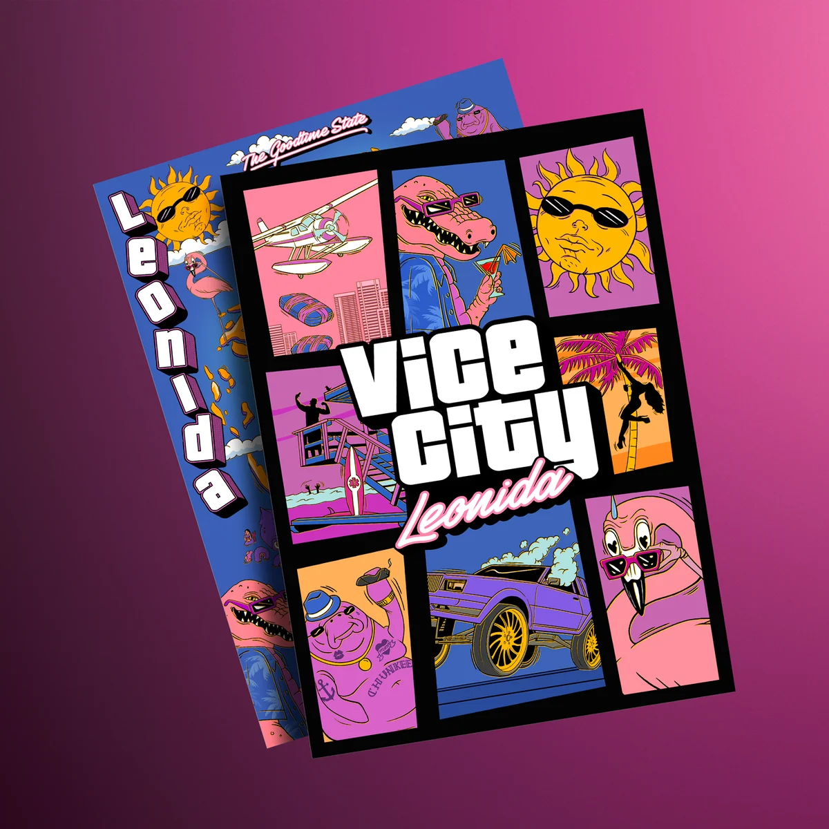 Official product photo showing the illustrated Vice City and Leonida souvenir poster; the map detail is not exposed in this view